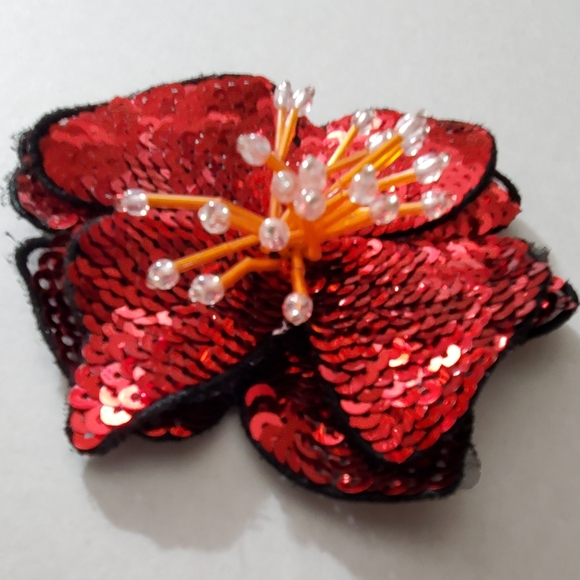 3D hibiscus beaded applique flower sew on iron on patch sequins tropical red - Picture 5 of 9